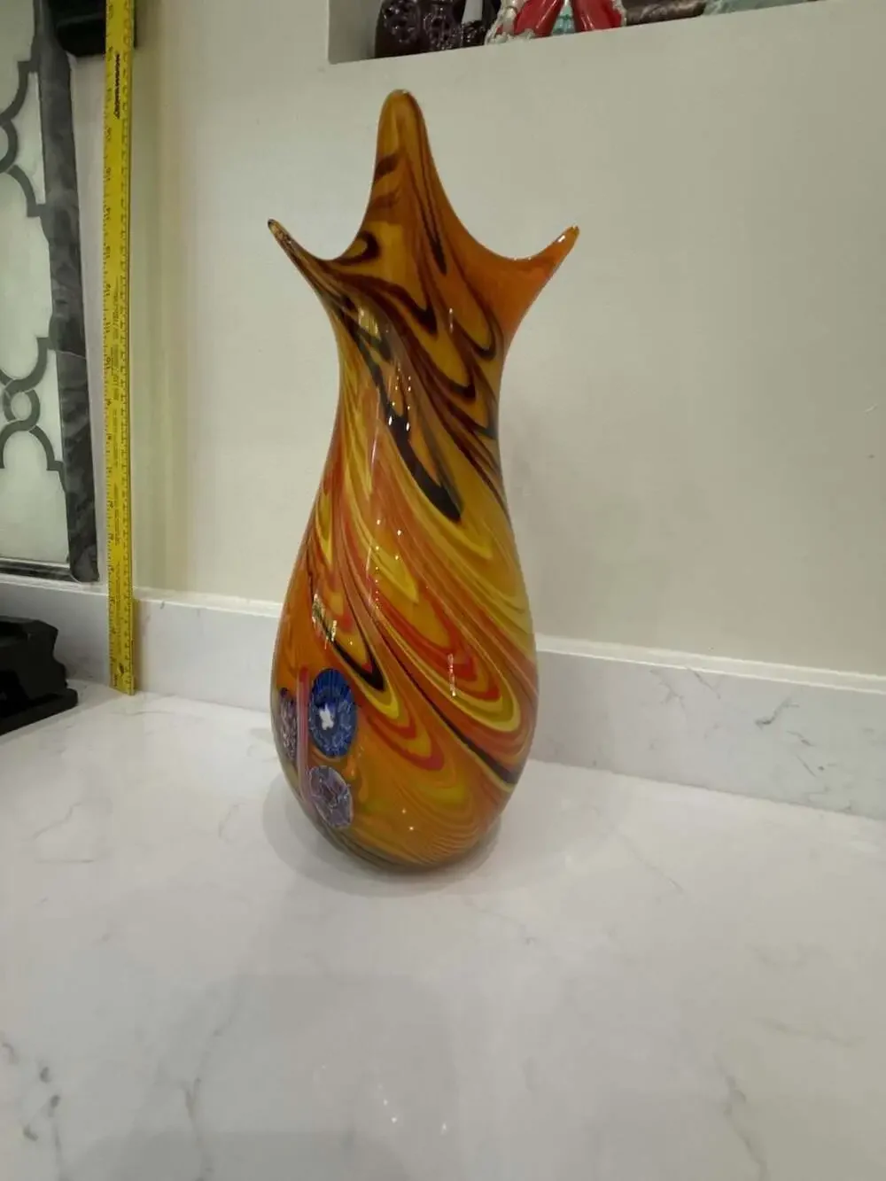 Vintage Murano Style Swirl Art Glass Vase with Millefiori Accents